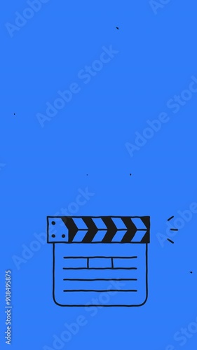 Vertical video with movie clapperboard on blue background. Background for text