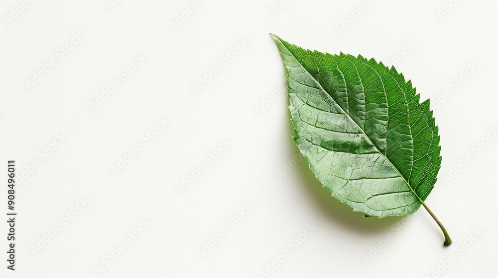 A single green leaf on a white background. A single green leaf on a white background.