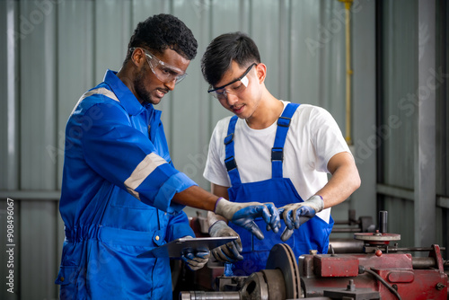 Professional Auto Mechanics Inspecting Vehicle Parts in a Modern Garage Using Digital Tablet for Maintenance and Repair