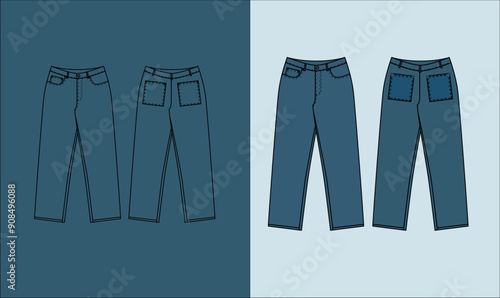 PENTS 2D. Trousers for men and women. jeans pants vector template in  illustration