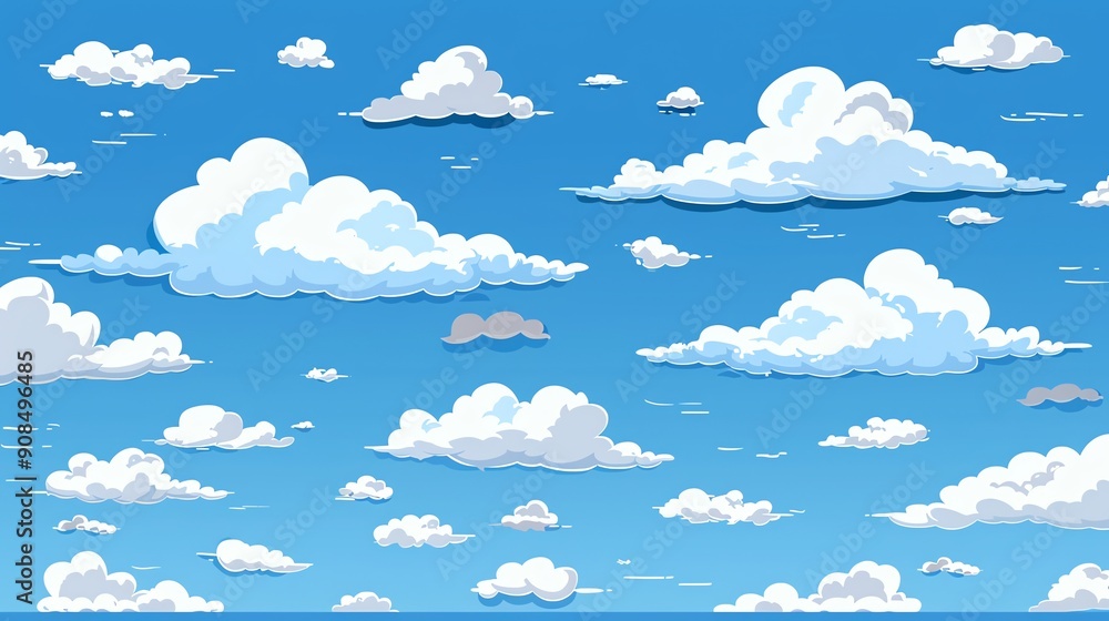A cartoon style illustration of a bright blue sky with fluffy white clouds. A cartoon style illustration of a bright blue sky with fluffy white clouds.