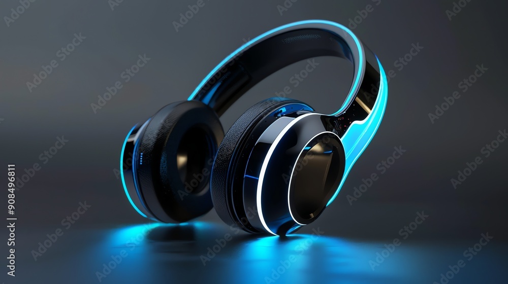 Black headphones with blue lights on a gray background. Black headphones with blue lights on a gray background.