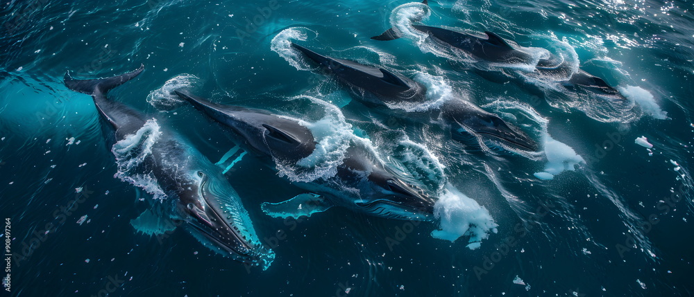 Fototapeta premium Aerial wide view over the Earth's South Pole Area of Photographs reflect the daily life in various poses of blue whale, humpback whale of Antarctica in groups of families or species societies