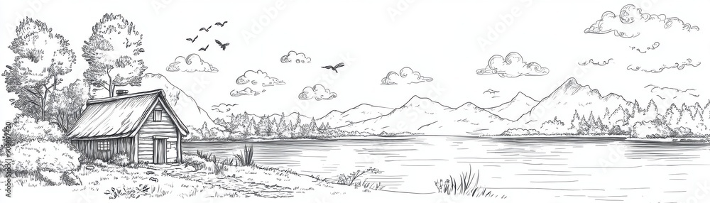 A serene sketch depicting a cabin by a peaceful lake surrounded by mountains and trees, capturing tranquility and nature's beauty. A serene sketch depicting a cabin by a peaceful lake surrounded by mountains and trees, capturing tranquility and nature's beauty.