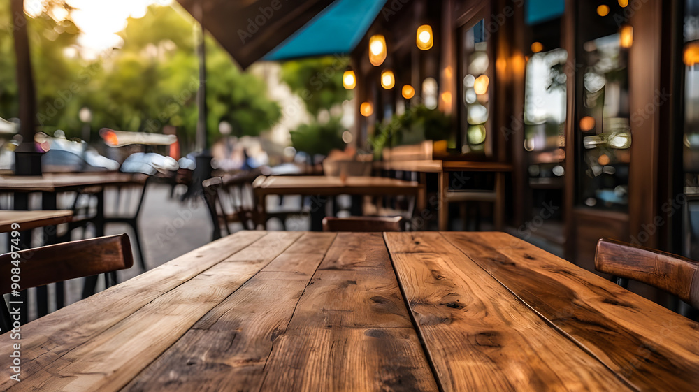 Fototapeta premium photo wooden table and blurred background of outdoor restaurant with bokeh light. High quality photo 