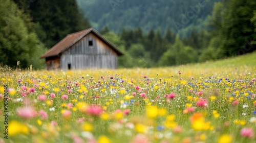 An old, abandoned house stands amidst a bright field filled with colorful wildflowers