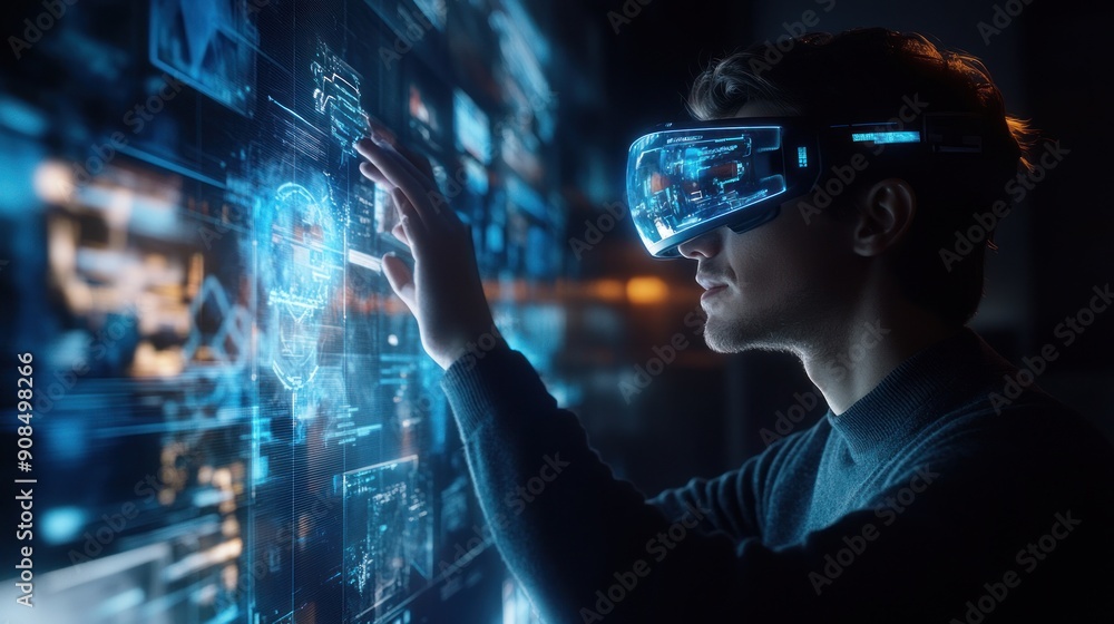Man Interacting with Virtual Reality Data Wall Man Interacting with Virtual Reality Data Wall