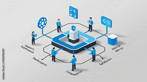 Service isometric concept. Connected lines 3d icon. Integrated infographic system. People teamwork.