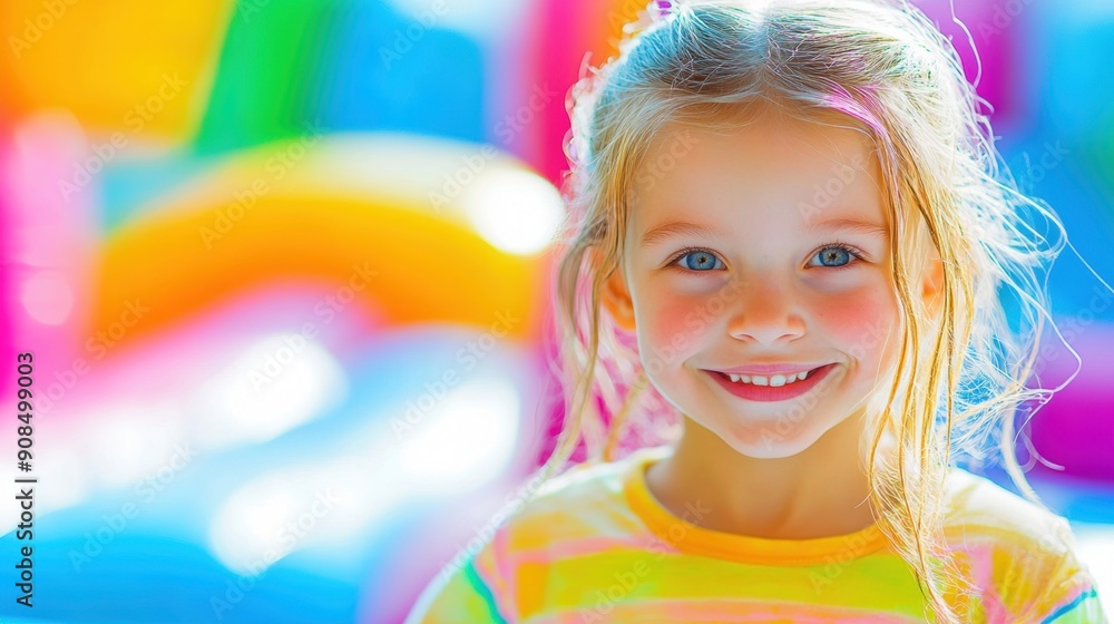 Children are laughing and jumping happily inside a bright and colorful bounce house during a summer festival Children are laughing and jumping happily inside a bright and colorful bounce house during a summer festival