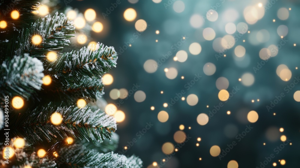 Delicate branches of a Christmas tree twinkle with lights, creating a festive atmosphere in the dark Delicate branches of a Christmas tree twinkle with lights, creating a festive atmosphere in the dark