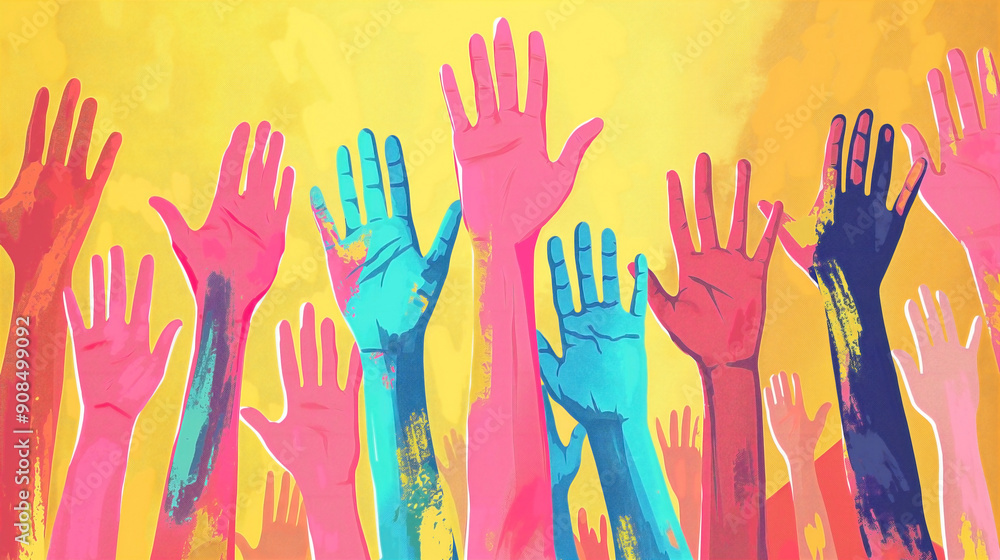 illustration of a collection of diverse and colorful hands raised up in unity.