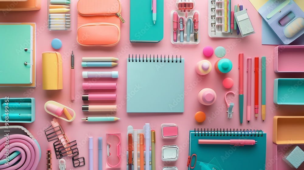 A flat lay of school supplies on a pink background. A flat lay of school supplies on a pink background.