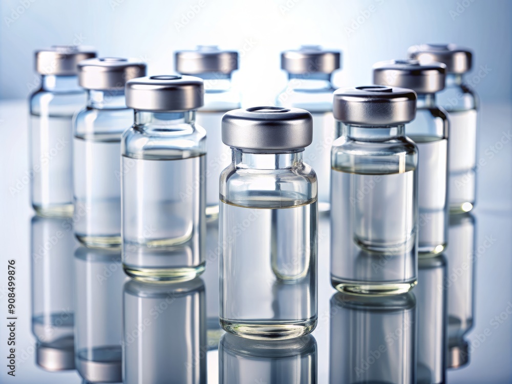 Small glass vials containing a clear liquid vaccine solution, labeled and arranged on a clean white background, representing a medical breakthrough against a deadly virus. Small glass vials containing a clear liquid vaccine solution, labeled and arranged on a clean white background, representing a medical breakthrough against a deadly virus.
