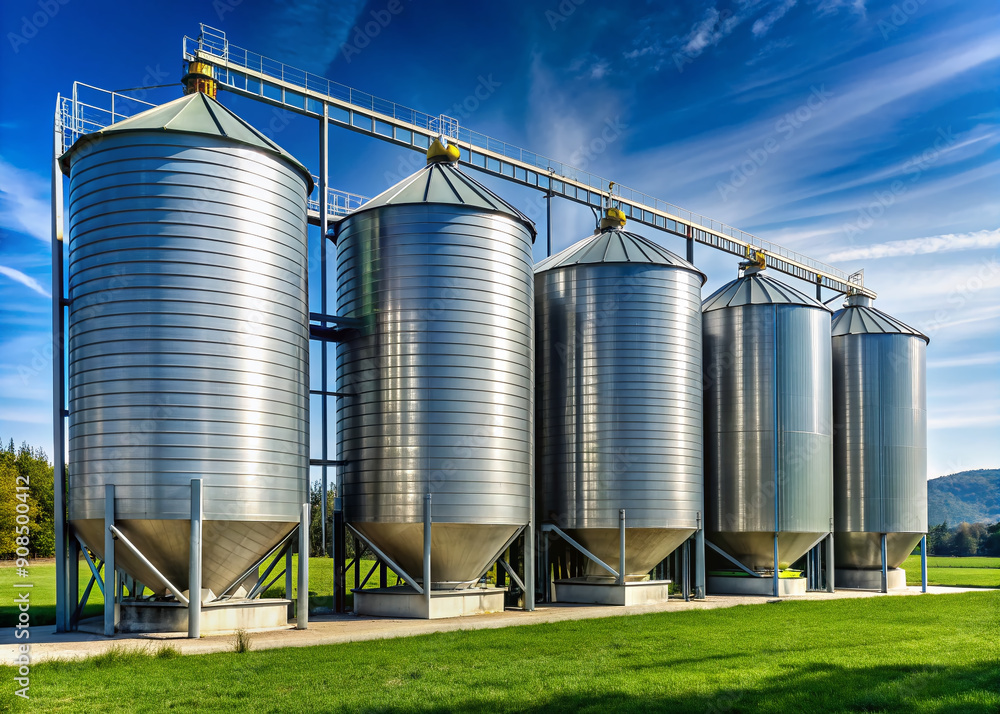 Four towering metal silos, connected by pipes, stand outside a modern chicken farm, storing vast quantities of grain for efficient animal feed production. Four towering metal silos, connected by pipes, stand outside a modern chicken farm, storing vast quantities of grain for efficient animal feed production.