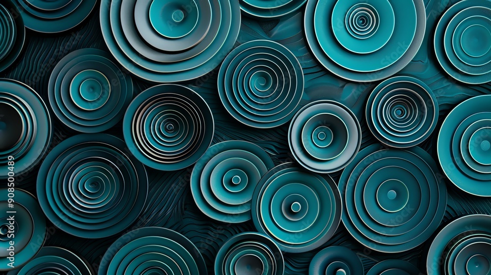An abstract pattern of teal blue concentric circles on a dark teal background. An abstract pattern of teal blue concentric circles on a dark teal background.