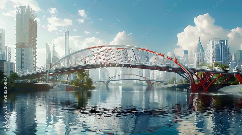 Obraz premium Futuristic cityscape with a modern bridge spanning a river. Skyscrapers and other buildings line the banks of the river creating a striking architectural landscape.