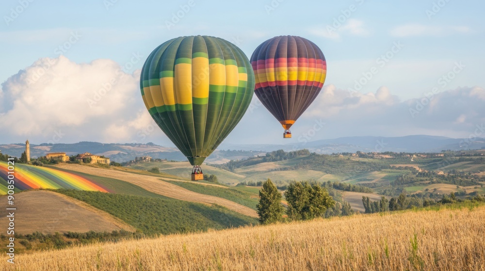 Obraz premium Hot air balloons drift serenely above a rainbow landscape under a clear sky, showcasing a beautiful dawn