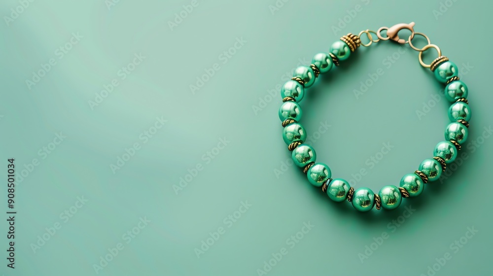 A green beaded bracelet on a blue background. A green beaded bracelet on a blue background.