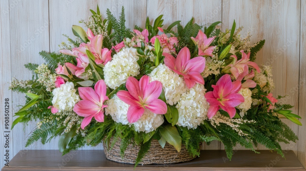 Naklejka premium A beautiful arrangement of pink lilies and white hydrangeas adds vibrancy to the indoor space