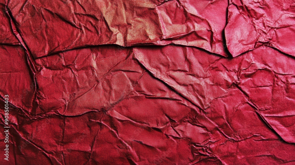 A vibrant red foil surface displays intricate crinkles and folds, creating a rich texture A vibrant red foil surface displays intricate crinkles and folds, creating a rich texture