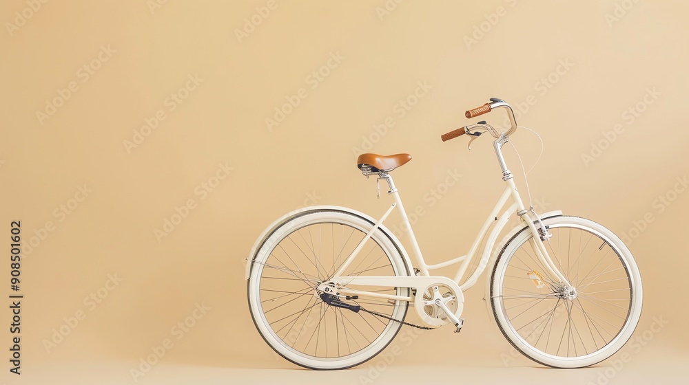 A white bicycle with brown leather handlebars and seat, on a beige background. A white bicycle with brown leather handlebars and seat, on a beige background.