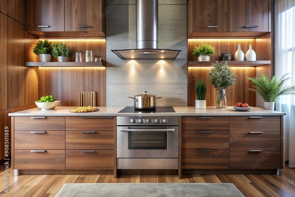 _modern kitchen interior showcasing a sleek electric stove supported by a stylish metal pedestal, surrounded by elegant wooden cabinets and chic decorative accents._