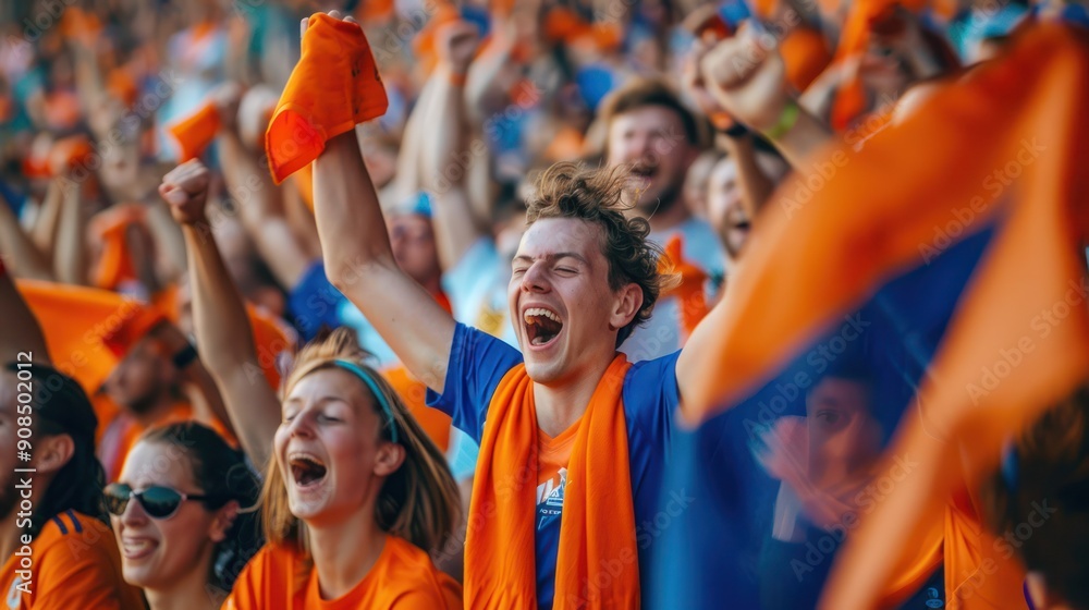 Obraz premium Ecstatic Dutch Soccer Fans Cheering a Goal During a Thrilling EM Match.