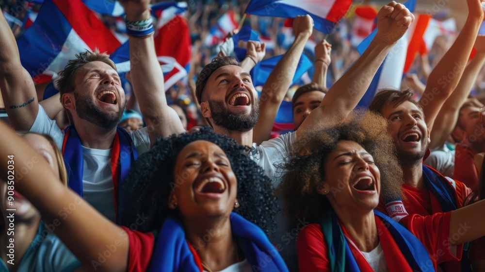 Fototapeta premium Ecstatic French Soccer Fans Cheering a Goal During a Thrilling EM Match.