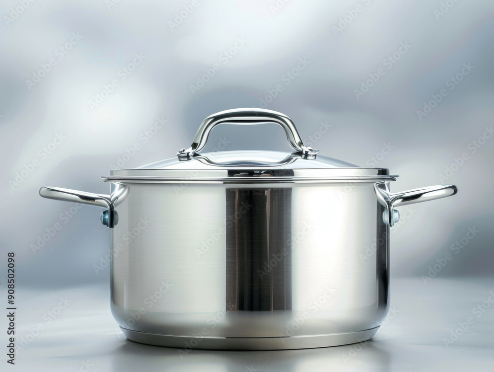 A silver pot with a lid sits on a countertop A silver pot with a lid sits on a countertop