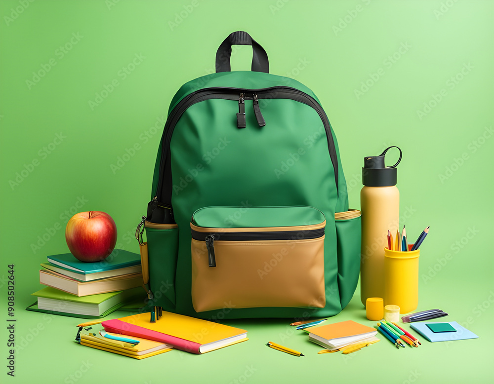 A backpack with school supplies inside, on a green background. Back to School concept. A backpack with school supplies inside, on a green background. Back to School concept.