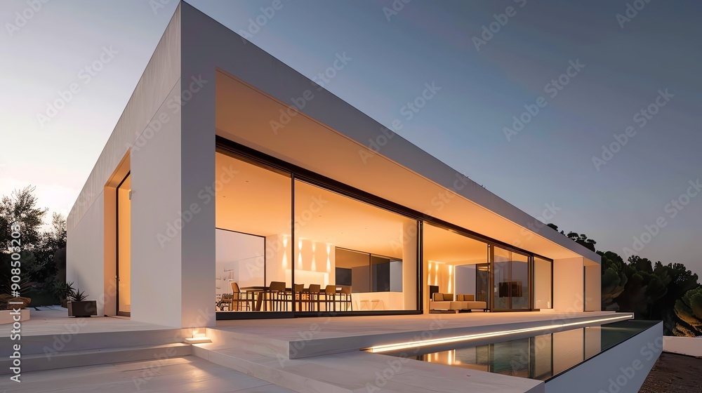 A modern, white house with large windows and a swimming pool. A modern, white house with large windows and a swimming pool.