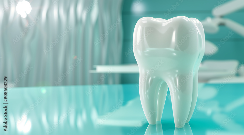 A white big tooth with dental mirror on the table in the doctor's office A white big tooth with dental mirror on the table in the doctor's office
