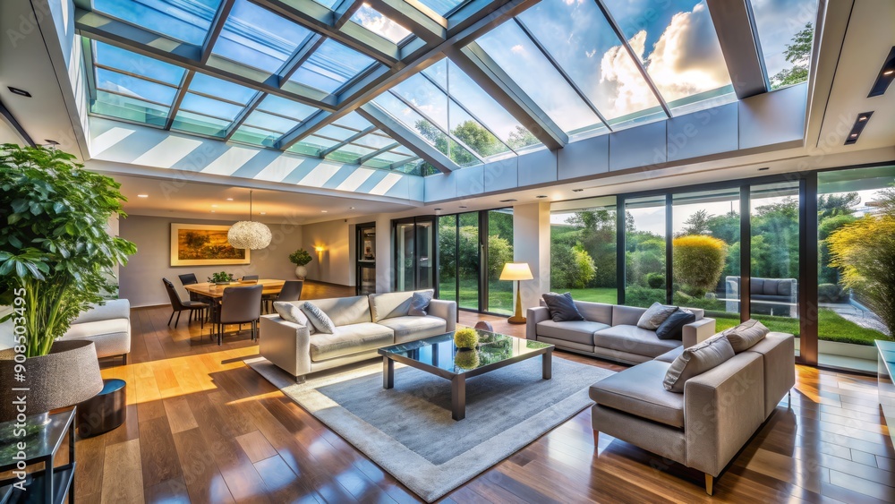 Modern interior architecture featuring a sleek glass roof, allowing natural light to pour in and illuminate the stylishly designed room with a touch of elegance. Modern interior architecture featuring a sleek glass roof, allowing natural light to pour in and illuminate the stylishly designed room with a touch of elegance.