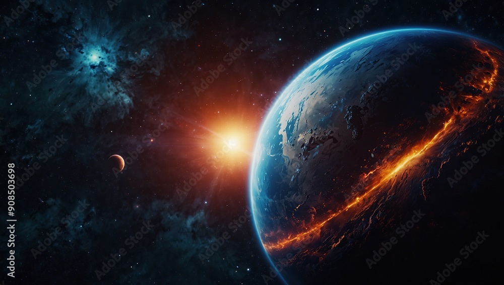 A colorful space background with a blue planet in the middle A colorful space background with a blue planet in the middle
