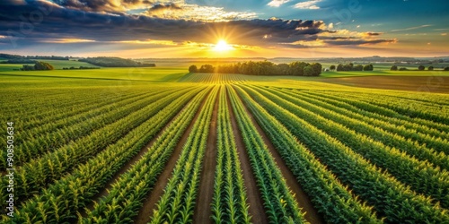 Breathtaking aerial view of a lush green cornfield with perpendicular rows stretching into the distance, bathed in warm sunlight on a serene summer day.