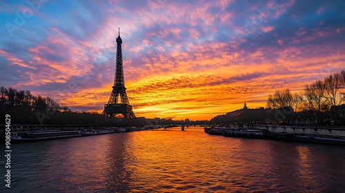 Eiffel Tower at Sunset: The Eiffel Tower silhouetted against a vibrant sunset sky, with the Seine River in the foreground.
 photo