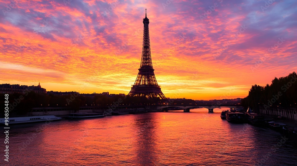 Fototapeta premium Eiffel Tower at Sunset: The Eiffel Tower silhouetted against a vibrant sunset sky, with the Seine River in the foreground. 