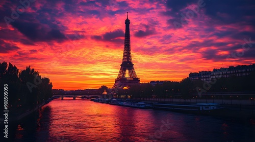 Eiffel Tower at Sunset: The Eiffel Tower silhouetted against a vibrant sunset sky, with the Seine River in the foreground.
 photo