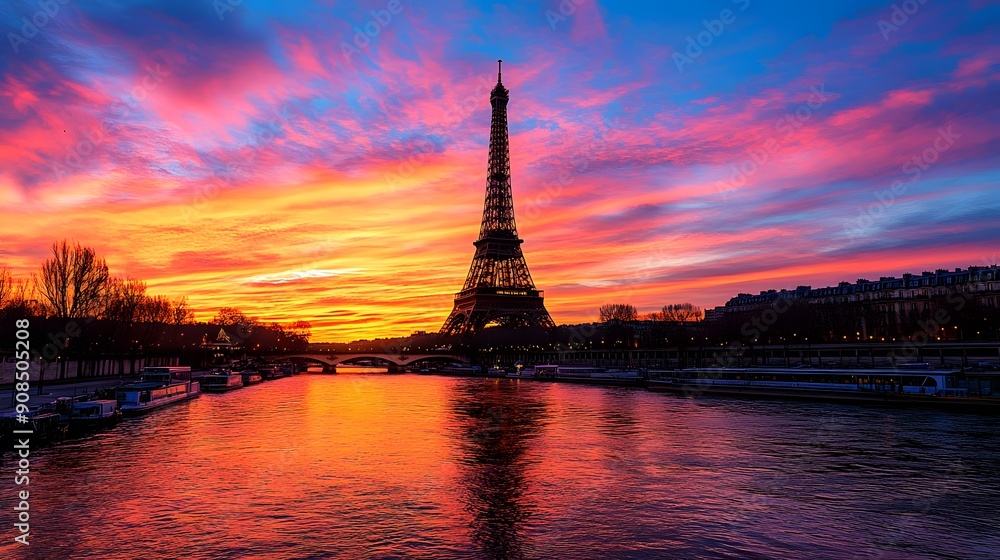 Obraz premium Eiffel Tower at Sunset: The Eiffel Tower silhouetted against a vibrant sunset sky, with the Seine River in the foreground. 