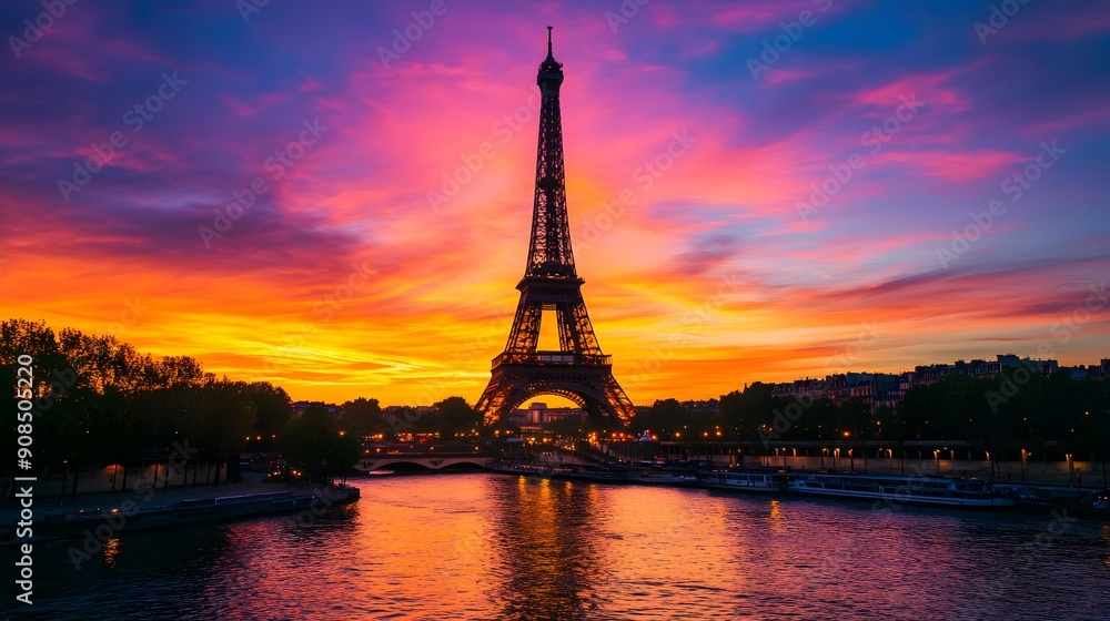Obraz premium Eiffel Tower at Sunset: The Eiffel Tower silhouetted against a vibrant sunset sky, with the Seine River in the foreground. 