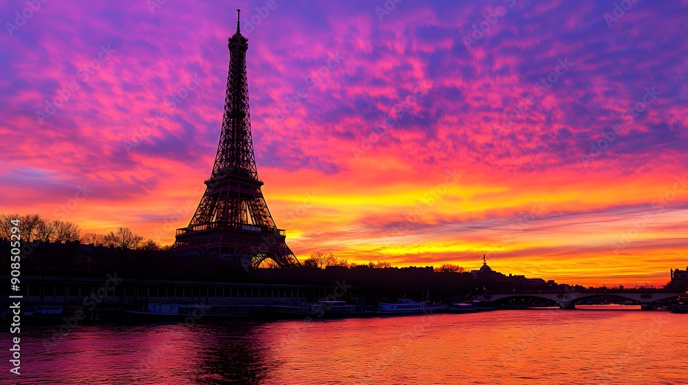 Fototapeta premium Eiffel Tower at Sunset: The Eiffel Tower silhouetted against a vibrant sunset sky, with the Seine River in the foreground. 