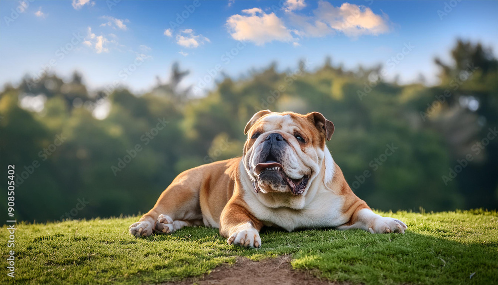 A relaxed bulldog with a satisfied expression lies on a grassy patch in a serene park, with sunlight filtering through the trees, creating a peaceful and picturesque scene A relaxed bulldog with a satisfied expression lies on a grassy patch in a serene park, with sunlight filtering through the trees, creating a peaceful and picturesque scene
