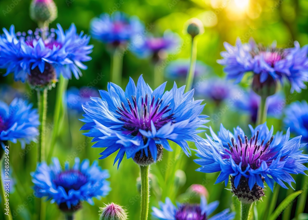 Fototapeta premium Vibrant cornflower blooms sway gently amidst lush green foliage in a serene garden setting, showcasing the delicate beauty of the annual Centaurea cyanus flowering plant.