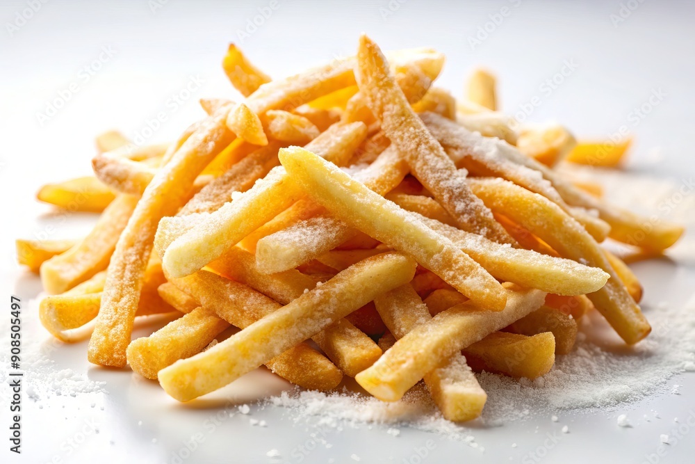 Crunchy frozen French fries scattered on a white background, selective focus blurring the edges, evoking a tempting fast food craving and savory indulgence. Crunchy frozen French fries scattered on a white background, selective focus blurring the edges, evoking a tempting fast food craving and savory indulgence.