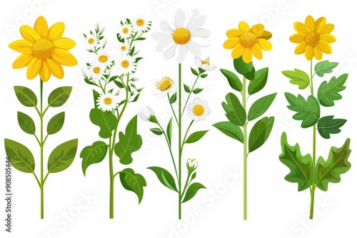 Collection of 2D and 3D Vector Flat Abstract Minimalistic Art of Flowers and Meadow Isolated on a White Background
