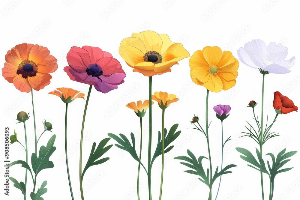 Fototapeta premium Collection of 2D and 3D Vector Flat Abstract Minimalistic Art of Flowers and Meadow Isolated on a White Background