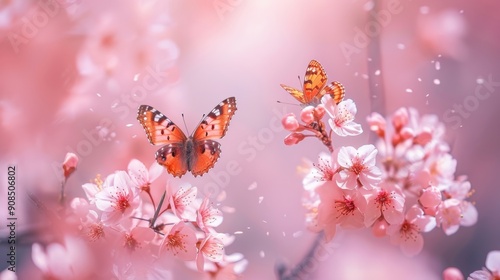 Beautiful Butterflies Fluttering around Pink Sakura Flowers in Full Bloom, Macro Shot of a Serene Spring Landscape