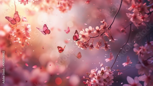 Whimsical Pink Sakura Flower Garden with Butterflies and Soft Sunlight, Full Bloom