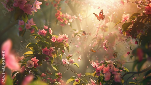 Enchanting Pink Sakura Flower Garden in Full Bloom with Graceful Butterflies and Soft Sunlight Filtering Through the Leaves