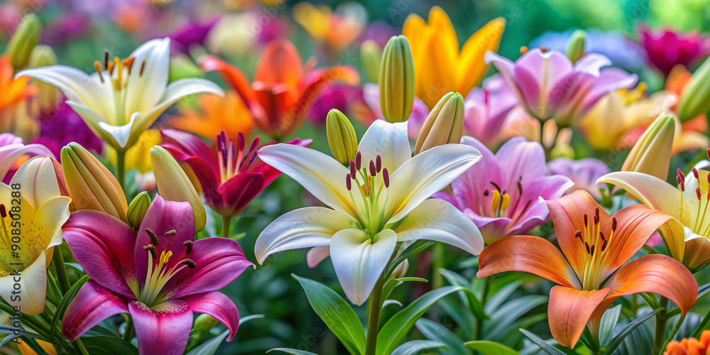 Vibrant multicolored lilies bloom against a soft, blurred background of pastel-hued flowers, creating a serene and peaceful atmosphere in this stunning floral arrangement. Vibrant multicolored lilies bloom against a soft, blurred background of pastel-hued flowers, creating a serene and peaceful atmosphere in this stunning floral arrangement.